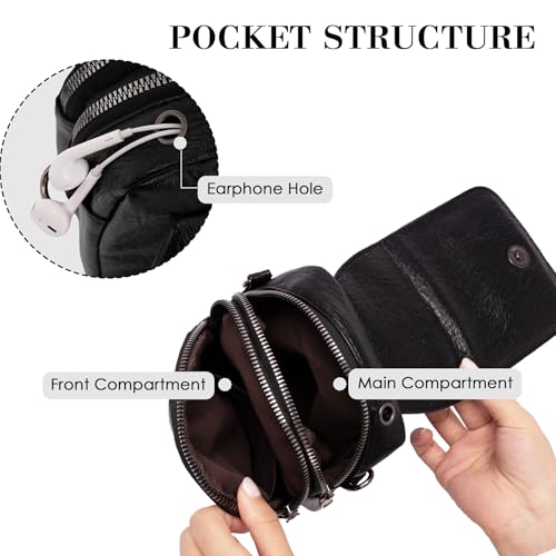 Small Crossbody Bags for Women Men, Vintage Leather Cell Phone Purse with 2 Zipper Pockets, Trendy Black Handbags with Earphone Hole, Lightweight Shoulder Bags for Travel Shopping Dating4
