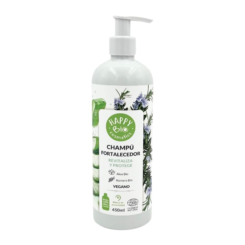 Happy Bio Champú Natural Fortalecedor BIO Fuerza y Vitalidad con Romero y Aloe Vera 450 ml – Champú Vegano Uso Diario – Cosmética Natural Certificada COSMOS