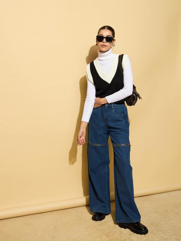 Image of Blue Zipper Design Baggy Jeans