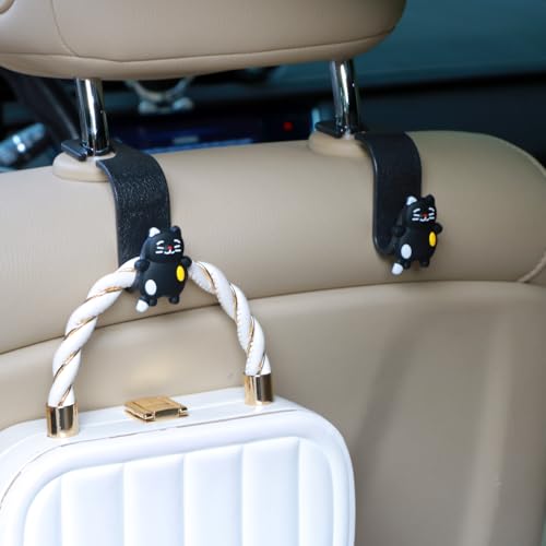 MaPctSy Purse Hooks for Car Cute Cartoon Cat Hook, Headrest Seat Back Storage Organizer, Universal Handbag Coats Umbrellas Holder, 2 Pcs (Small cat Black)