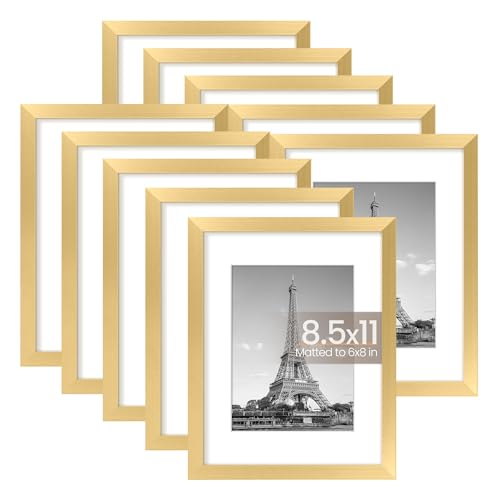 Image of upsimples 8.5x11 Picture Frame Set of 10, Display Pictures 6x8 with Mat or 8.5x11 Without, Multi Photo Frames Collage for Wall or Tabletop Display, Gold | Fit 6x8 Photos and 8.5x11 Certificate, Wall or Tabletop Display, For Gallery Hallway Living Room, For Christmas Wedding