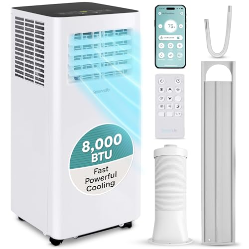 SereneLife Small Air Conditioner Portable 8,000 BTU with Built-in Dehumidifier - Portable AC unit for rooms up to 350 sq ft - WiFi app + Remote Control, Window Mount Exhaust Kit