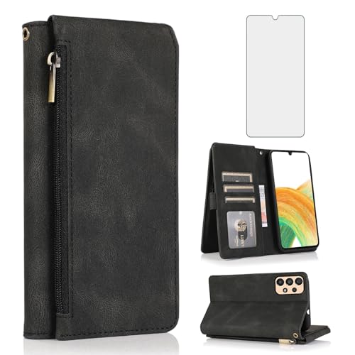 Coque Samsung Galaxy A33 5G étui portefeuille noir en cuir PU avec protège-écran en verre trempé