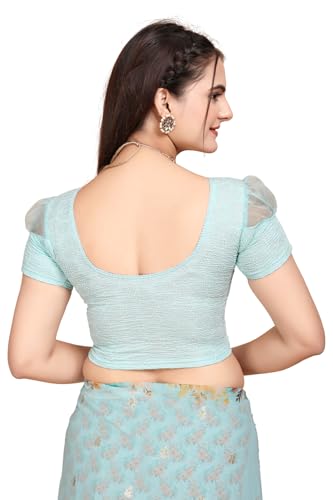 Image of SFT Women's Organza Patch Readymade Saree Blouse with Round Neck Half Sleeves Abstract Pattern Pull On Closure Regular Fit and Standard Length