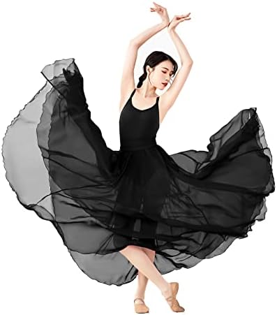 PAOTIT Women's Lyrical Dance Skirt Long Sheer Swing Wrap Skirt Modern Ballet Costumes for Performance Black