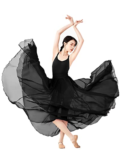Paotit Women's Lyrical Dance Skirt Long Sheer Swing Wrap Skirt Modern Ballet Costumes For Performance Black #TOP25
