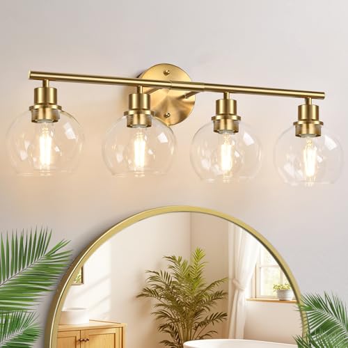 Image of Indoi 4-Light Bathroom Light Fixtures,Gold Modern Vanity Lights Over Mirror with Clear Glass Globe Shade, Bathroom Wall Sconces for Mirror Kitchen Living Room Hallway Cabinet Bedroom Porch