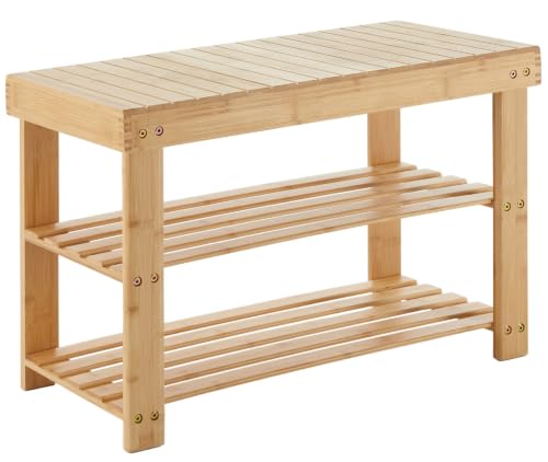 DUMOS Shoe Rack Bench with Storage, 3-Tier Bamboo Entryway Benches, Wooden Shoe Rack...