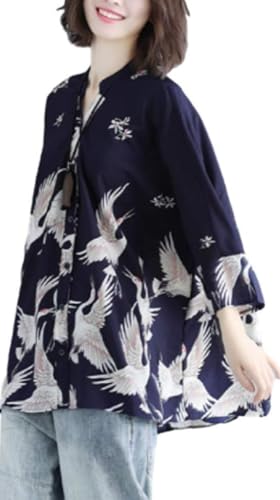 Chemise en mousseline imprimé grue style japonais pour femme