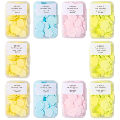 Housoutil Jabones en Escamas Portátiles para Viaje, 16 Cajas Hojas de Jabón Desechables Multiolor (limón, Leche, Rosa, Jazmín), Suaves Piel, Ideales para Camping y Actividades al Aire Libre