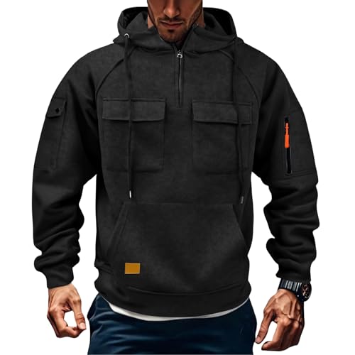 Mens Zip Up Tactical Hoodie Oversized Fleece Sweatshirts Quarter Zip Pullover Drawstring Multi-Pocket Outdoor Casual Jacket