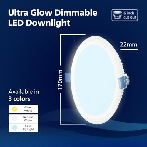 Image of Philips Ultra Glow Dimmable 15-watt Round Ceiling Light | 3 Dimming Mode (15W, 7.5W & 2W) Recessed LED Ceiling Light for Home & Hall | Cut Out: 6-inch, Colour: Cool Day Light, Pack of 4