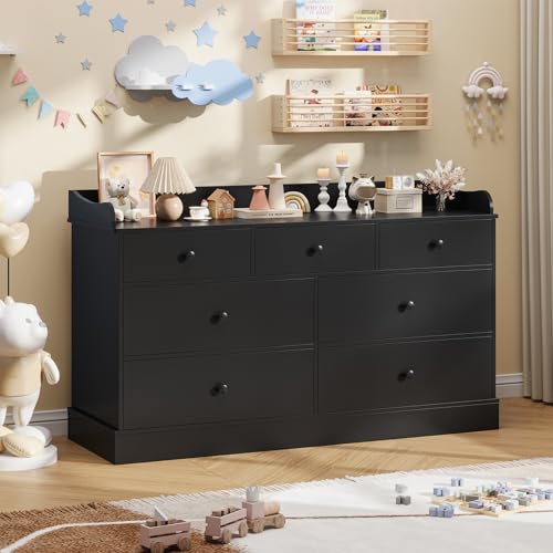 Image of Vabches Kids Dresser Cabinet with 7 Drawers and Large Table Top, Multi-Functional Chest of Drawers, Baby Dresser, Kids Bedroom Furniture, Nightstand for Child’s Room, Black
