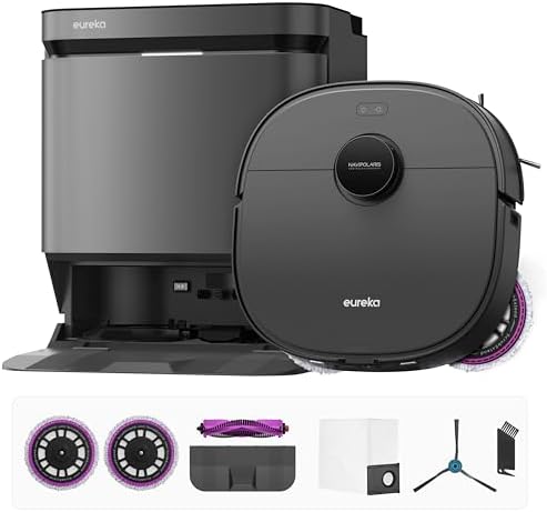 Eureka J15 Pro Ultra Robot Vacuum and Mop with Self Emptying Base, 16,200 Pa Suction, Flex-Arm Design Side Brush & Mop, Auto Mop Hot Water Washing & Hot Air Drying, AI Obstacle Avoidance, Black