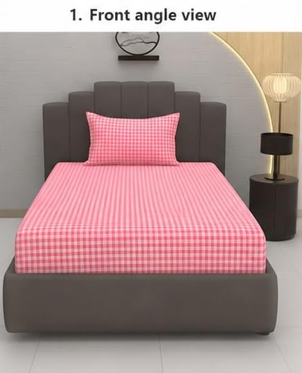 Image of Jashan 210 TC Premium Glace Cotton Comfort Check Design Bedsheet with Pillow Cover - Ultra Soft Cotton Queen Bed Sheet for Daily Comfort - Pink Check 60x90 Inche