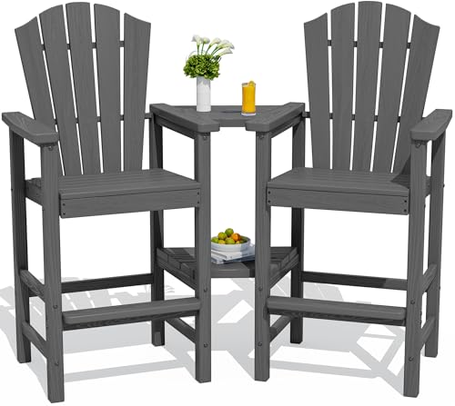 KINGYES Tall Adirondack Chair Set of 2 All-Weather HDPE Outdoor Adirondack Barstools with Removable Double Connecting Trays High Airondack Chair with Wood Grain Embossed Balcony Chair Gray