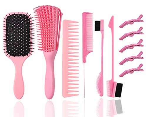 Hair 6 Pcs Brushes Set, HairBrush with Soft & Flexy Bristle + Detangling Brush with Nylon Brush Teeth, Curl Defining Hair Brush, Edges Brush No-pain Paddle Detangler Brush for (Pink)