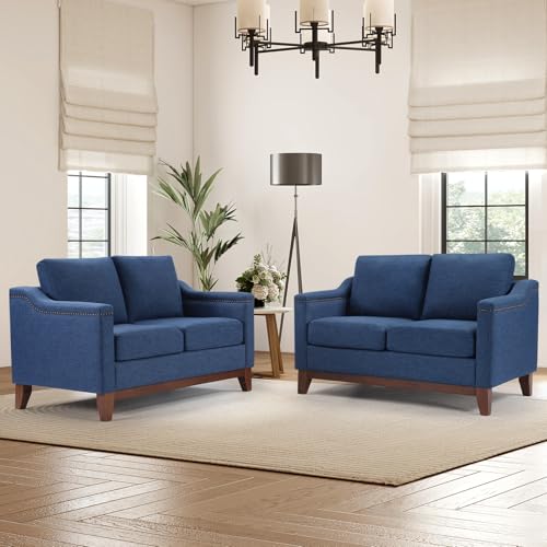Image of Vintage 2-Seater Upholstered Loveseat Sofa Set of 2 with Nailhead Trim, High-Density Foam Cushion & Solid Wood Legs, Soft Fabric Couch for Small Spaces, Blue