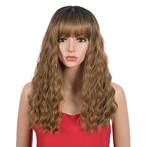 SPOTLIGHT Wigs with Air Bangs 18 inches Natural Curly Wavy Synthetic Wigs with Bangs Full Head Cosplay Replacement Wig Natural Looking