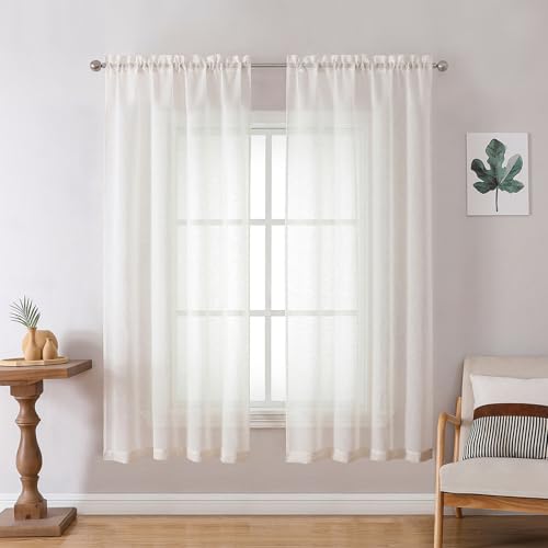 Image of OWENIE Natural Linen Blend Sheer Curtains 45 Inch Length 2 Panel Set for Kitchen Window, Light Filtering Small Cafe Curtains, 42 W x 45 L, 2Pcs, Natural