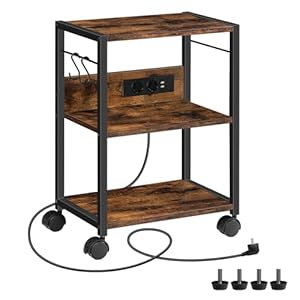 MAHANCRIS Druckertisch mit Rollen, 28 x 42 x 60 cm, 3-stufiger Druckerständer mit Ladestation, Lagerregal mit 2 Steckdosen und 2 USB, mit 2 Haken, für Büro, Vintagebraun und Schwarz APTHR40UE01