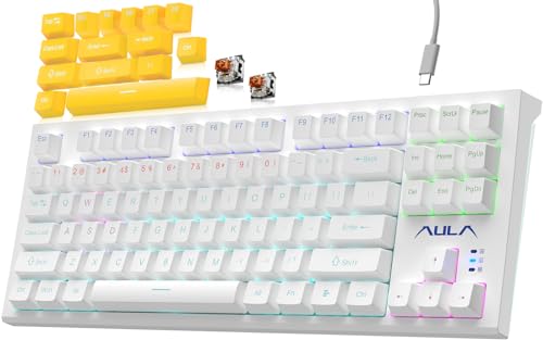 AULA Mechanical Keyboard, 87 Keys RGB Backlight Gaming Keyboard, Compact Wired Computer Keyboards for Windows PC (White, Brown Switch)