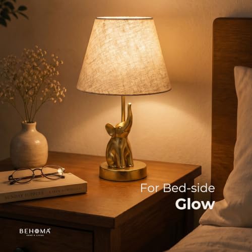 Image of BEHOMA Elephant Table Lamp with Antique Aluminium Base & Fabric Shade | Elegant Home & Office Decor | Gift for Men, Kids, Housewarming Anniversary & Birthday Diwali Festivals (Bulb Not Included)