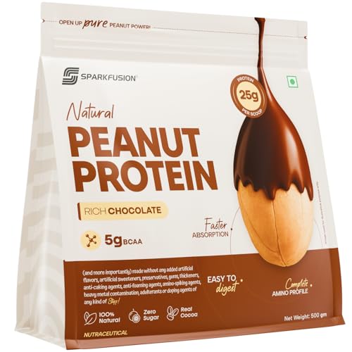 Image of SparkFusion Natural Peanut Protein Isolate - Flavor - 25g Protein, 5g BCAA, Zero Sugar, Gut-Friendly, Vegan, Lab-Tested, No Artificial Additives (500 g (Pack of 1), Rich Chocolate)