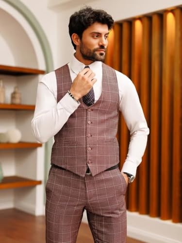Mens 3-Piece Plaid Suit Slim Fit Formal Bussiness Wedding Suit Two Button Checked Suits Jacket Vest Pants Set4
