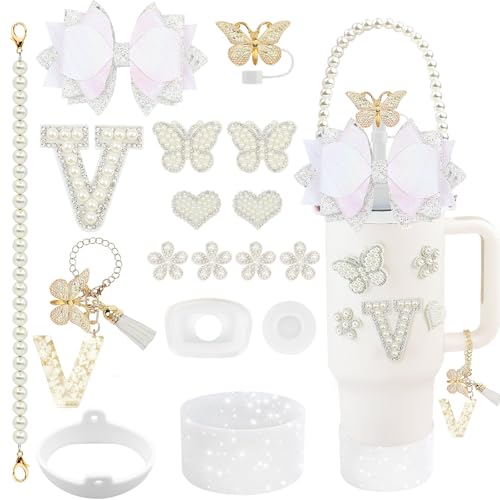Hpebl 17Pcs Pearls White for Stanley Cup Accessories Set 30/40 OZ Bow Flower Initials Charms of Stanley Decorations Tumbler Accessories Including Butterfly Straw Toppers, Tumbler Boot(Letter V)