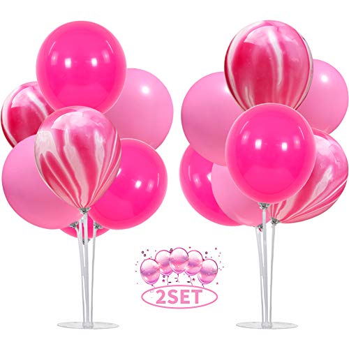 TONIFUL Pink Balloons Table Decorations 2 Set Table Centerpiece Balloons Stand Holder Kit with 14 Sticks 14 Cups 2 Base 16 Pink Agate Marble Latex Balloons for Girl Birthday Party Baby Shower Bride Shower Wedding Party Supplies