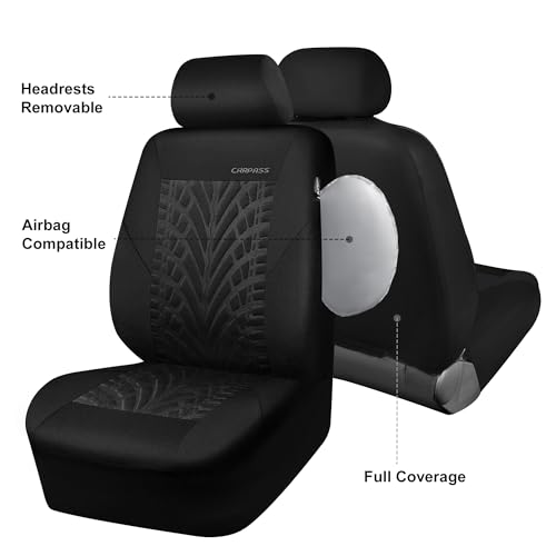 Image of CAR PASS Car Seat Covers Two Front Only for Car, 3D Tyre Print Automotive Interior Covers, Airbag Compatible, Quick Setup Universal Fit Seat Covers for Car, Truck, SUV(Black)