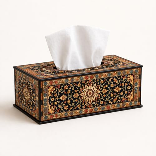 Image of Tissue Box Holder for Home Mughal Black Multicolor Printed Tissue Box Holder Premium Wooden Tissue Box Cover for Table, Office & Home Decor 6.5x5x3 Inch