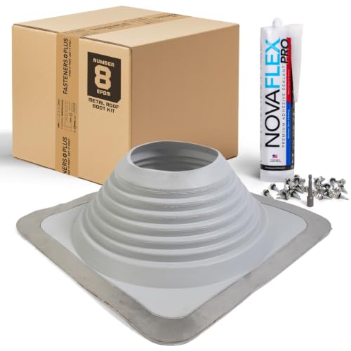 Image of Fasteners Plus #8 Square EPDM Metal Roof Pipe Flashing Boot with Complete Install Kit (Fits 6-3 /4 inch - 13-1 /2 inch Pipe OD), Gray
