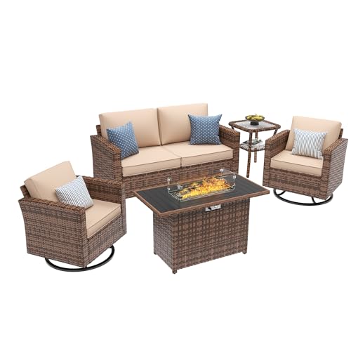 Image of UDPATIO 5 Pieces Patio Furniture Set with Fire Pit Table, Outdoor Conversation Set with Rocking Swivel Chairs, Wicker Furniture Set with Waterproof Cover, 4'' Thickened Cushion, Khaki