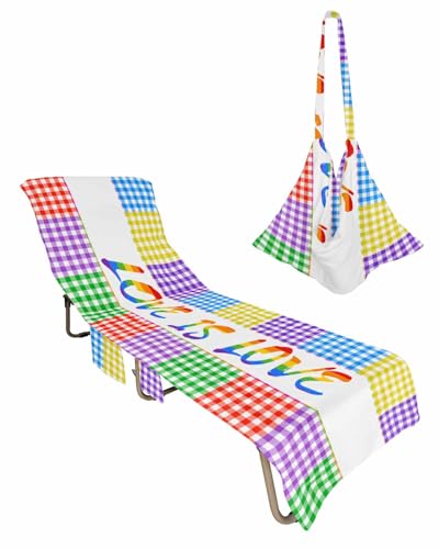 Colorful Lattice Beach Chair Towel Covers for Chaise Lounge with Side Pocket, Soft Plush Pool Towels Cover for Patio Sunbathing Outdoor 29''x85'' Abstract Rainbow Plaid Love Heart