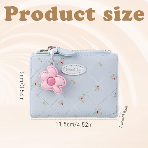 Small Womens Wallet, Floral Cute Wallet Texture PU Leather Ladies Wallet Multi-Slot Credit Card Holder with ID Window Zipper Coin Pocket (Blue)2