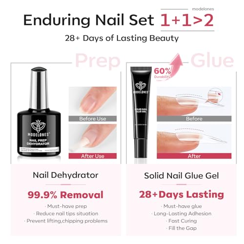 Image of modelones X Nail Gel Kit , Solid Glue Prep Dehydrator UV Light Clipper | 510Pcs Nail Tips Almond Upgrade 15Sizes Medium Almond Press on Tips Etch for Easy Extension DIY Women Gift