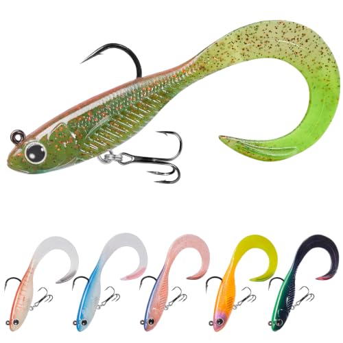 Image of TRUSCEND Duramax Easy Catch Soft Fishing Lures with BKK Hook, Trembly Sinking & Vibrating Swim for More Bites, Pre-Rigged Curly & T-Tail Swimbait for Bass, Trout, Crappie, Freshwater Saltwater Fishing