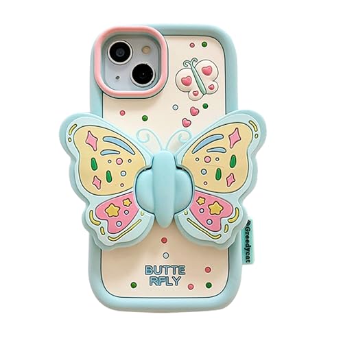 Coque iPhone 15 Pro Max papillon bleu avec support pliable 3D antichoc