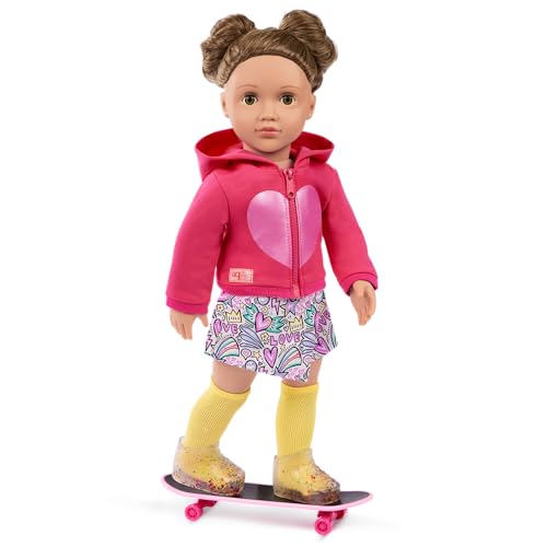 Our Generation Skate Into Fun Outfit for 18 Inch Dolls, Hooded Sweater, Graphic Skort, Doll Skateboard with Stickers, Socks and Rainbow Shoes, Doll Clothing and Skateboarding Accessory Set, Ages 3+ - Image 2