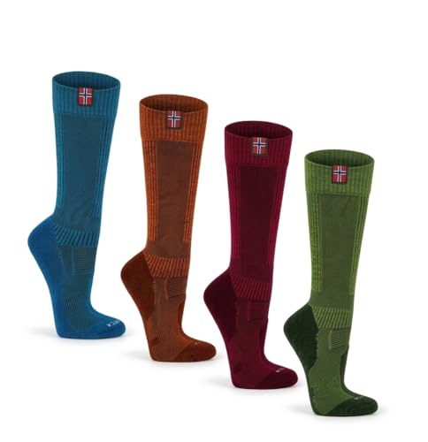 FEINSCHÖN Calcetines de trekking de merino para hombre y mujer, 50% lana merino, calcetines funcionales de senderismo con acolchado, transpirables, cómodos y duraderos, rojo, 35-38