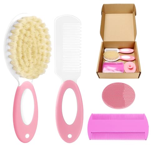 Baby Hair Brush and Comb Set, 4Pcs Baby Soft Bristles Brush Cradle Cap Brush Hair Comb for Newborns Toddlers Boys Girls (Pink)