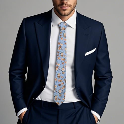 Image of Cotton Floral Ties for Men 2.76 inch Men's Skinny Tie Linen Flower Printed Neck Tie for Wedding Dating Party