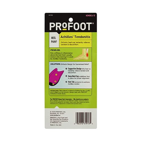 Image of PROFOOT Achilles Tendonitis Orthotic Heel Cup for Women (Sizes 6-10) - Pain Relief Shoe Inserts for Heel Support & Alignment - 1 Pair