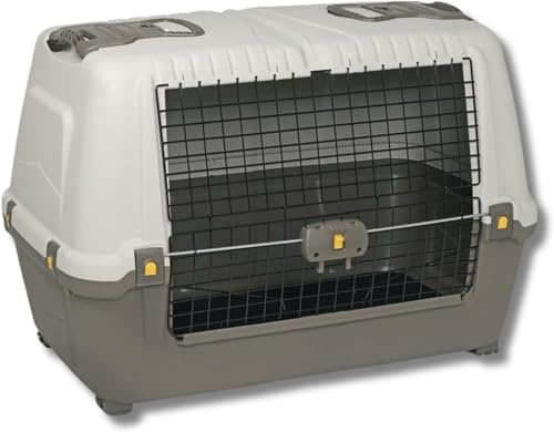 Pet’s Market Trasportino Skudo Car 80 Cane con 2 Rotoli di Sacchetti Igienici e 2 Ciotole Casuali in Omaggio Contenitore da Trasporto Auto in Plastica Porta Ferro Colore Grigio Scuro (80-77x43x51cm)