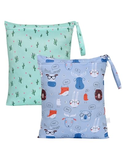 OTraki Travel Laundry Bag Waterproof 16 x 20 inch 2 Pack Wet Bags for Swimming Reusable Washable Wet Clothes Bag with Snap Handle Printing Organizer Storage Bag for Daycare Gym Beach Pool Travel