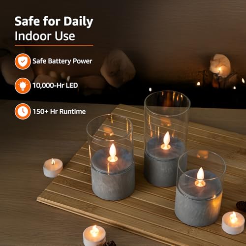 Image of amazon basics LED Pillar Candles, Set of 3 (7.5X10 CM, 7.5X12.5 CM, 7.5X15 CM), Clear Glass & Cement Base, Warm White Flickering Flame, Remote Controlled, Flameless Battery Operated Pillars