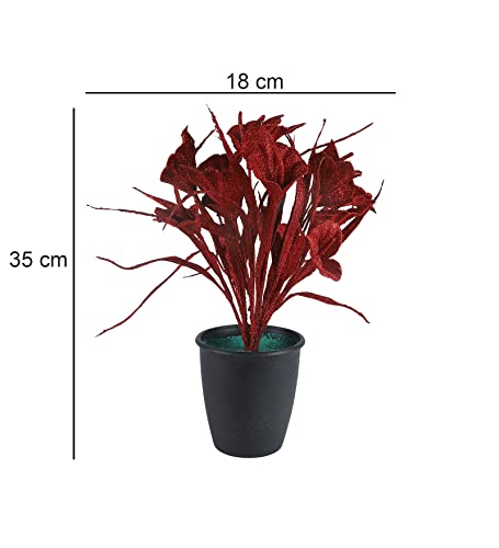 Image of Foliyaj Artificial Red Tulip Plant in Black Pot with Green Grass for Interior Decor | Faux Plant for Desks, Shelves and Side Tables for Your Home and Office | Fake Plants for Indoor Decoration