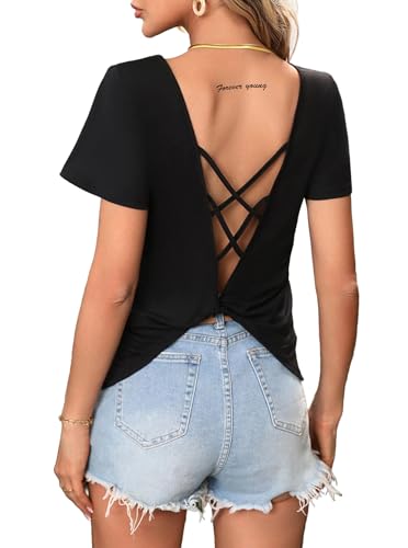LilyCoco Women's Backless Short Sleeve Tops V Neck Twist Back Criss Cross T Shirts